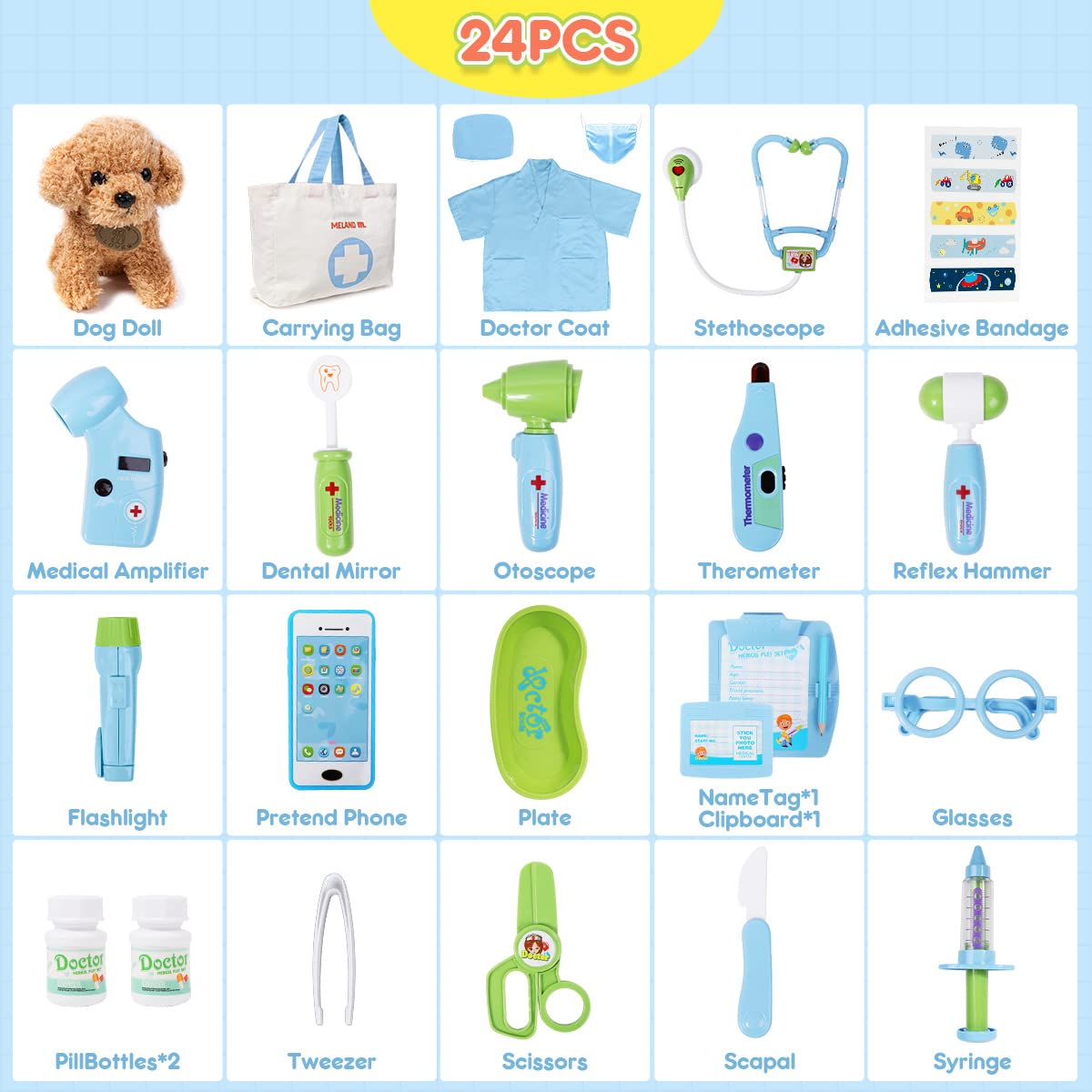 Meland Toy Doctor Kit for Kids - Pretend Play Doctor Set with Dog Toy, Carrying Bag, Stethoscope Toy & Dress Up Costume - Doctor