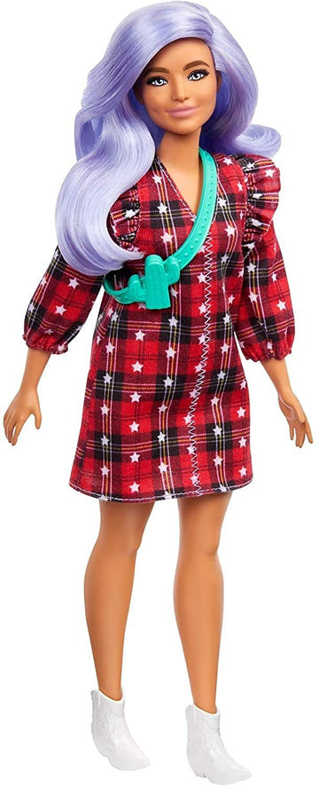 Barbie Fashionistas Doll #157, Curvy With Lavender Hair Wearing Red Plaid Dress, White Cowboy Boots & Teal Cross-Body Cactus Bag