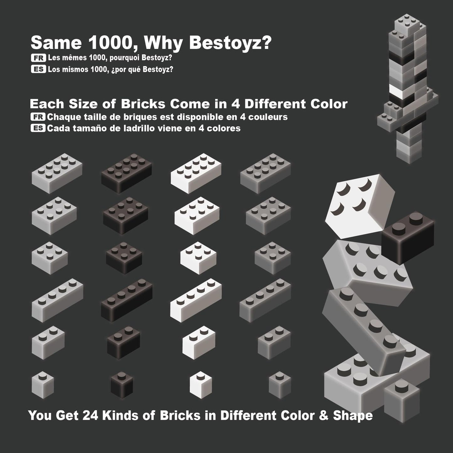 Bestoyz Building Bricks 1000 Pieces - Classic ABS Plastic Blocks in Black, Dark Grey, Light Grey & White, Model 609
