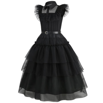 Lauphie Black Wednesday Addams Costume Dress For Girls Halloween Costumes Cosplay Party Dress With Accessories 4-12Y