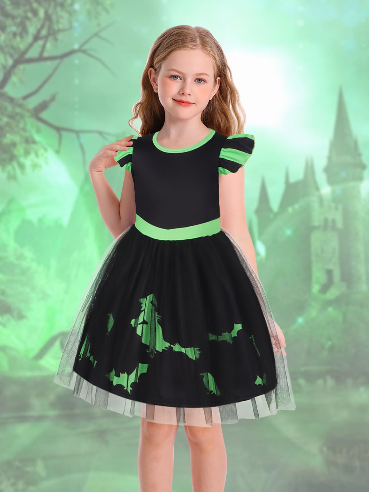 Marendyee Black Witch Costume Girls Halloween Toddler Kids Tulle Dresses Flutter Sleeve (3-4 Years)