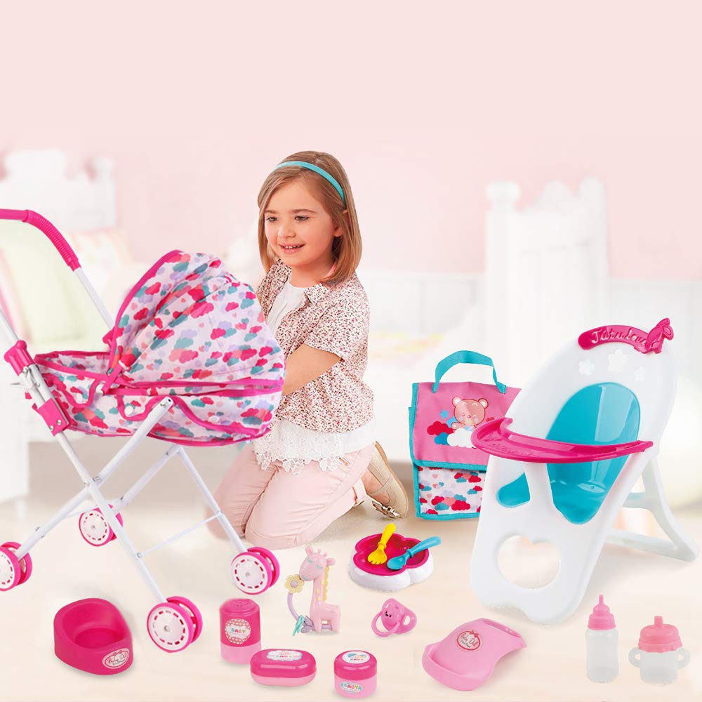 deAO Baby Doll Stroller Set - High Chair, Play Mat, Pink, Medium, Model 826A, Includes Nursery Accessories and Feeding Toys