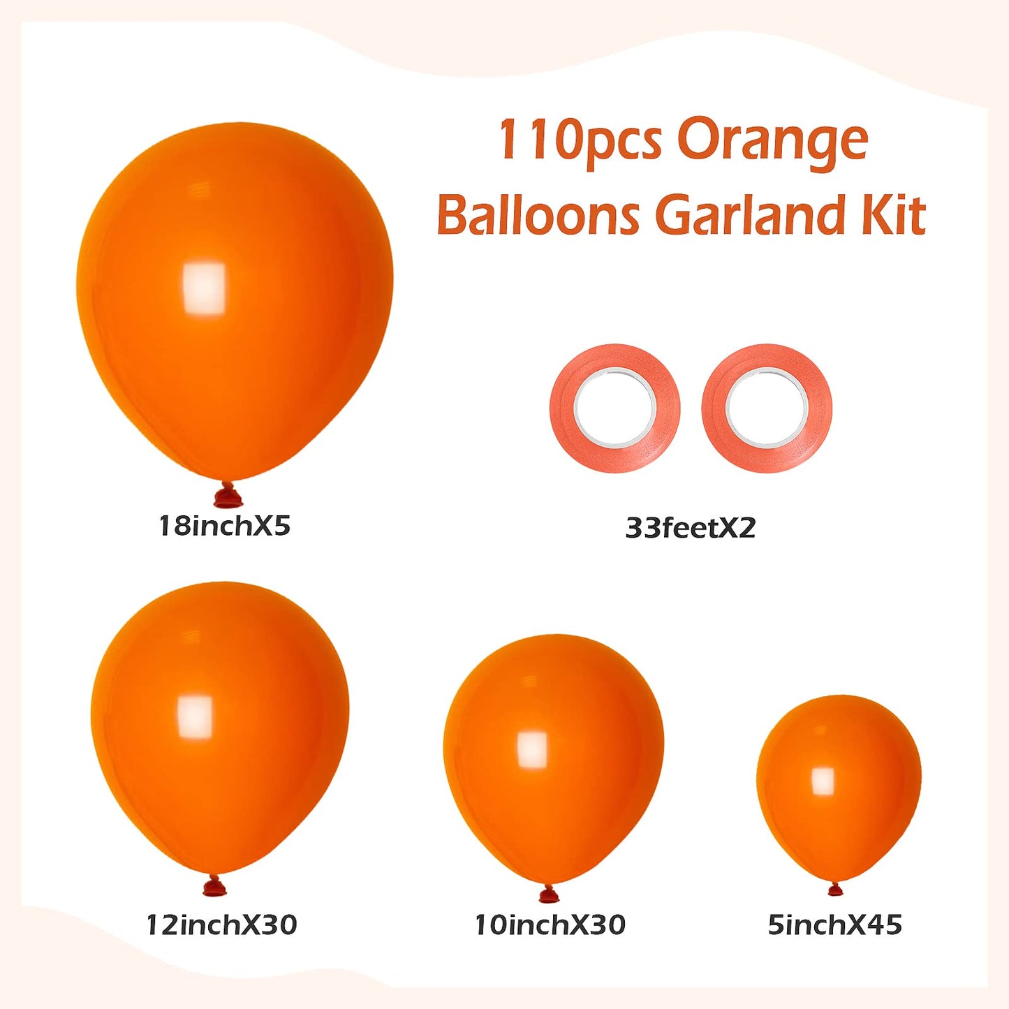 Fotiomrg 110Pcs Orange Balloon Garland Arch Kit, 18 12 10 5 Inch Orange Latex Balloons Different Sizes Pack For Birthday Graduat