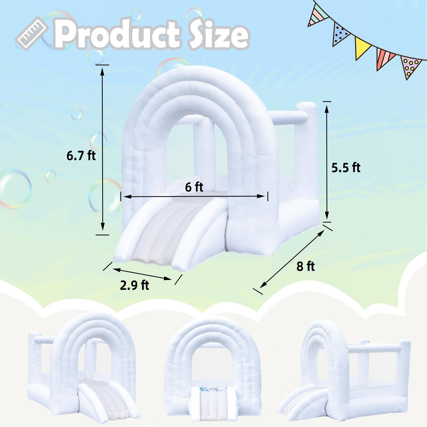 Hapyboucy Magic Rainbow Bounce House, White Bounce House With Slide, Blower Included, Kids Bouncy Castle Indoor Outdoor, 8 Ft L