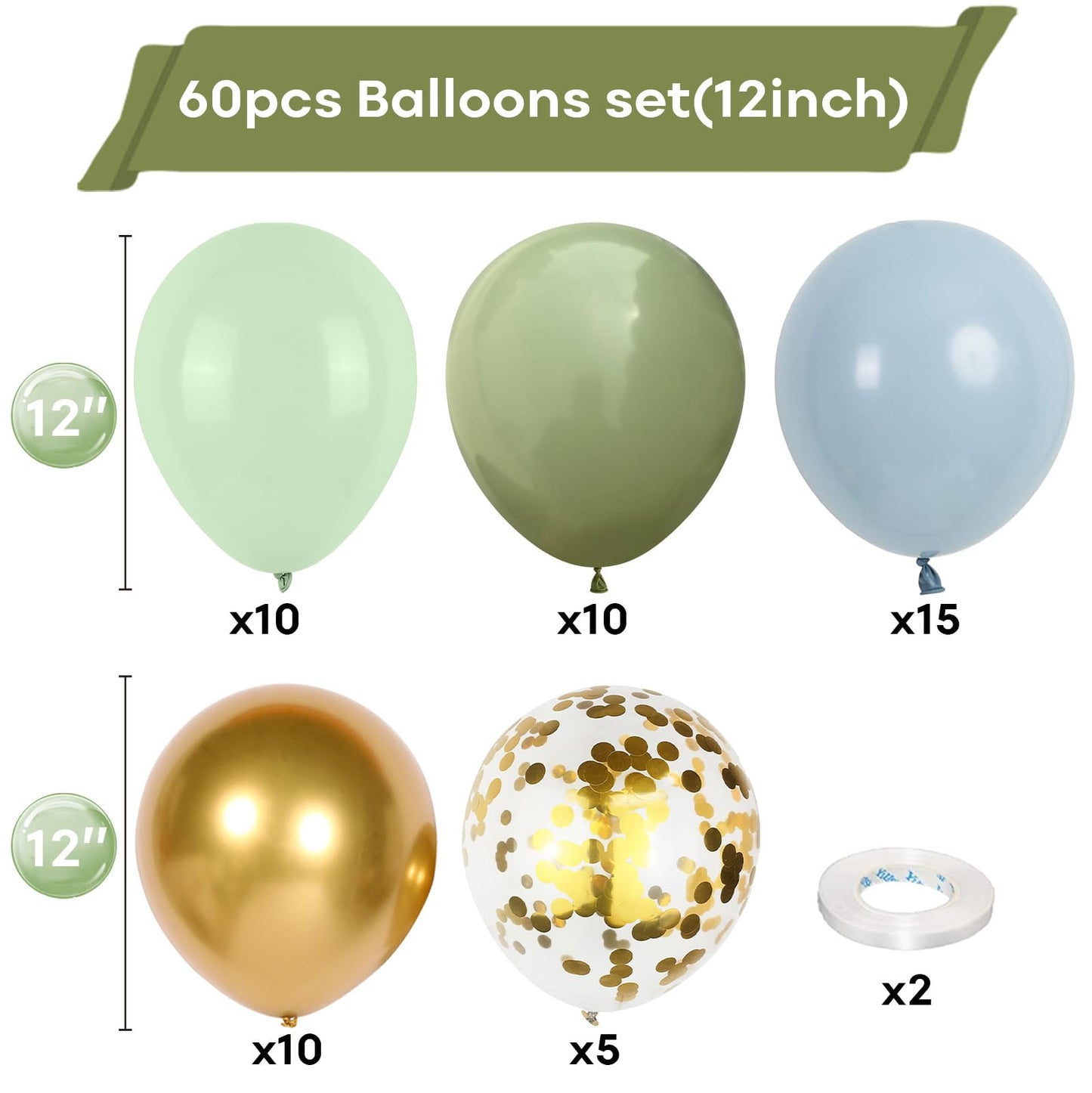 Dusty Green Blue Balloon, 60 Packs 12 Inch Sage Green Blue Balloon With Haze Fog Blue Sand White And Gold Balloons For Jungle Sa