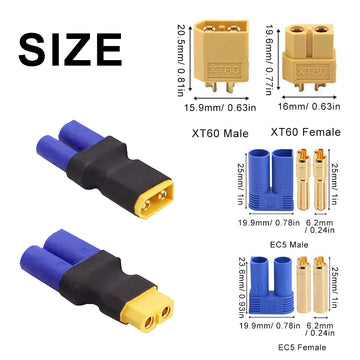 BABUVYA EC5 to XT60 Adapter,XT60 to EC5 Connector Without Wires RC LiPo Battery Connectors (EC5 to XT60 Male & Female Adapter)