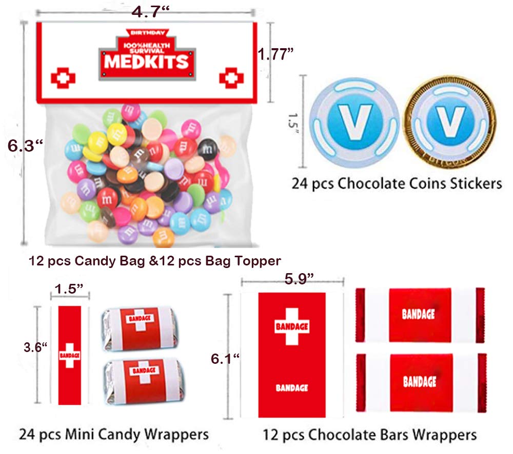 96 Pack Game Party Supplies Party Candy Decorations, 48 Pack Candy and Chocolate Bar Wrappers(2 Size), 12 Set of Candy Bags, 12