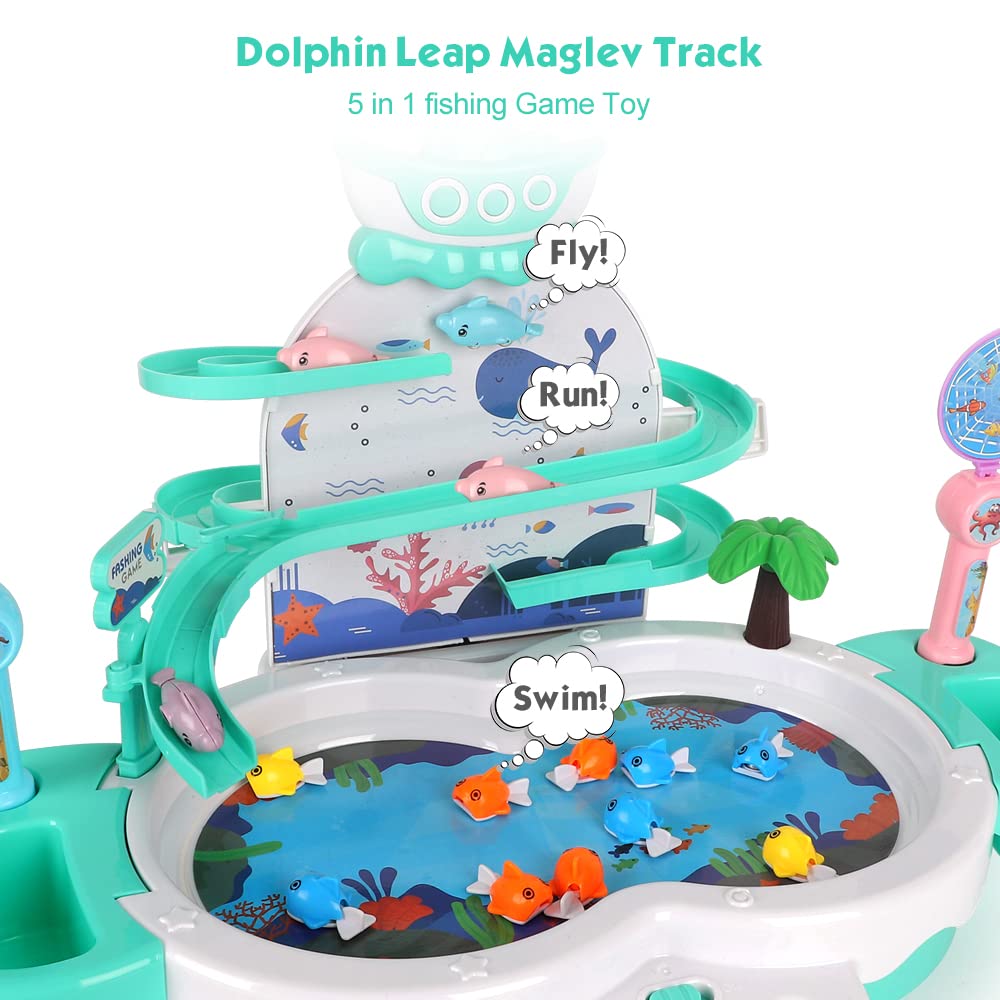 Magnetic Baby Fishing Toy Set, 3 In 1 Fishing Game For Toddlers & Kids With Slideway & Music Story, 10 Fish, 3 Dolphins, 2 Toy F