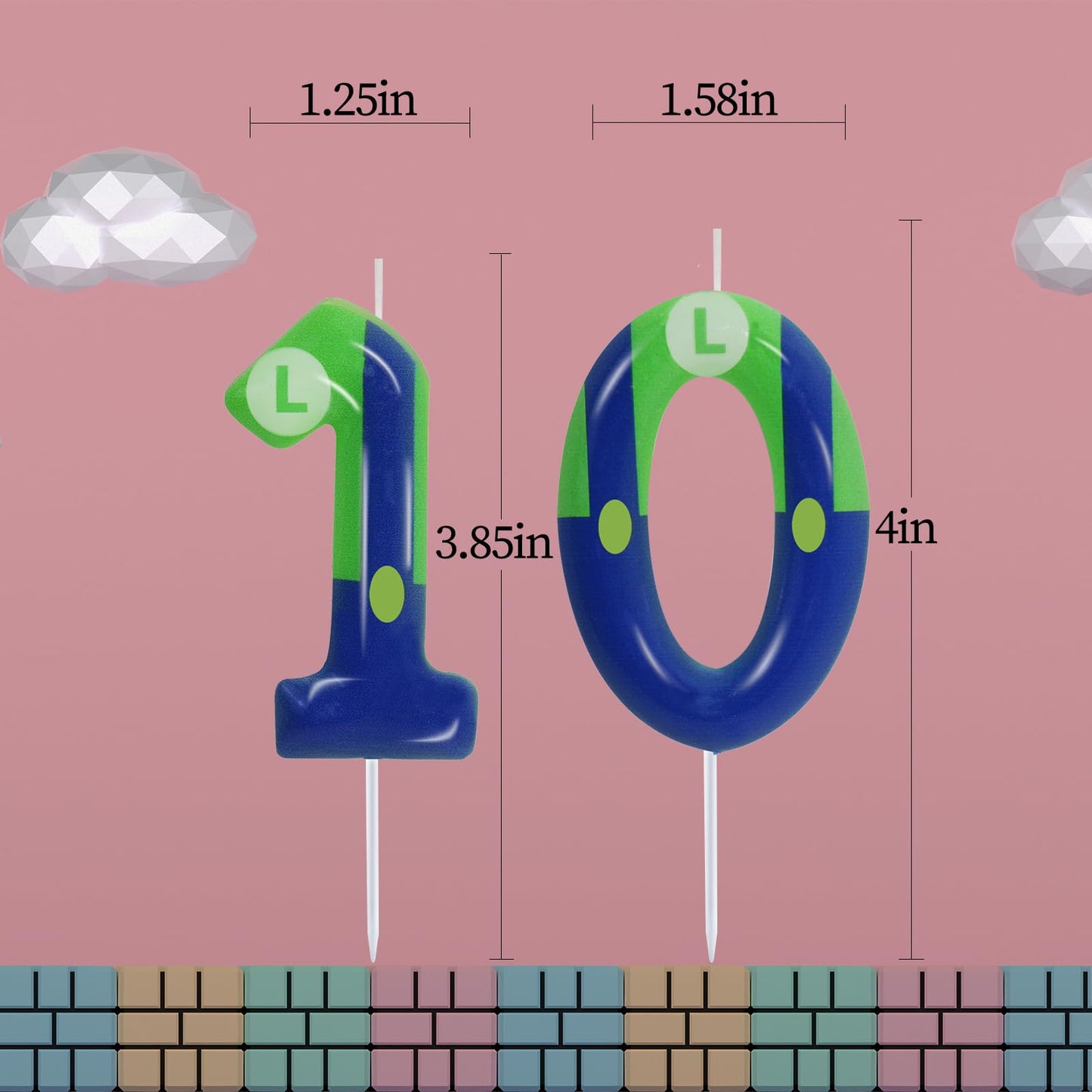 Green Blue 10th Birthday Candle for Boys Girls - Luigi Birthday Party Cake Decorations, Number 10 Cake Topper, Cartoon Game Them