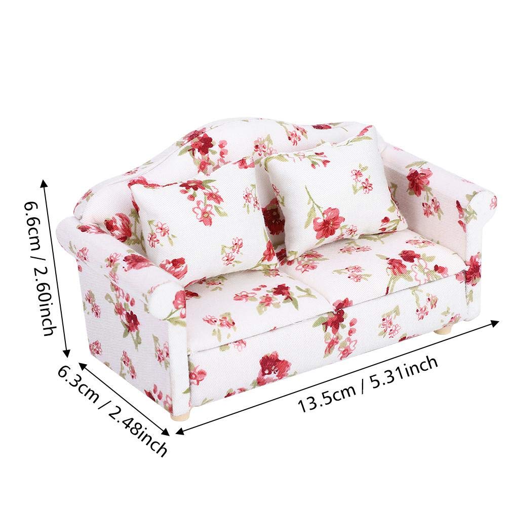 Mini Dollhouse Sofa, 1/12 Scale Dolls House Furniture Couch Flower Pattern Mini Furniture Sofa Set With Back Cushions(#1)