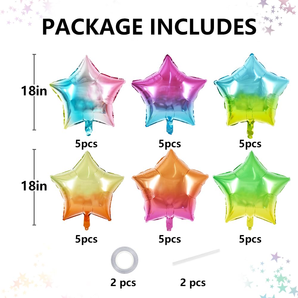 TONIFUL 30Pcs 18 Inch Large Colorful Star Shape Foil Balloons Big Gradient Stars Helium Mylar Ballons for Birthday Wedding Baby