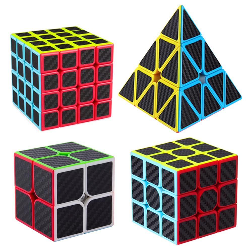 Roxenda Speed Cube Set, Speed Cube Bundle Of 2X2 3X3 4X4 And Pyramid Cube Smoothly Magic Cubes Collection For Kids Teens & Adults [4 Pack] (Carbon Fiber)