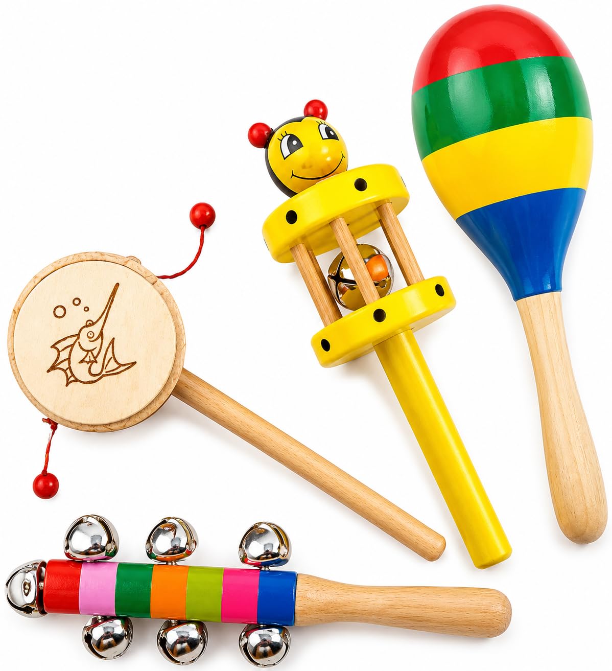 Marvelstore Wooden Non Toxic Colourful Rattle Toys For Newborn Baby, Musical Infant Toy, Gift Set Age 0+ (Set Of 4, Multicolor) 