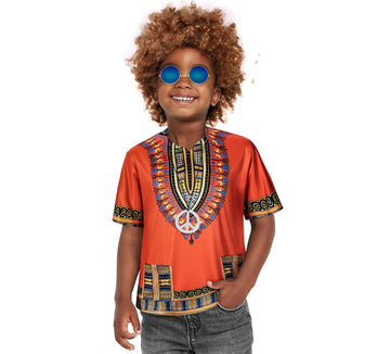 Kids Hippie Costume For Boys Girls 60S 70S 4 Pcs T-Shirt Afro Wig Set For Halloween Party Cosplay 5-6T Yellow