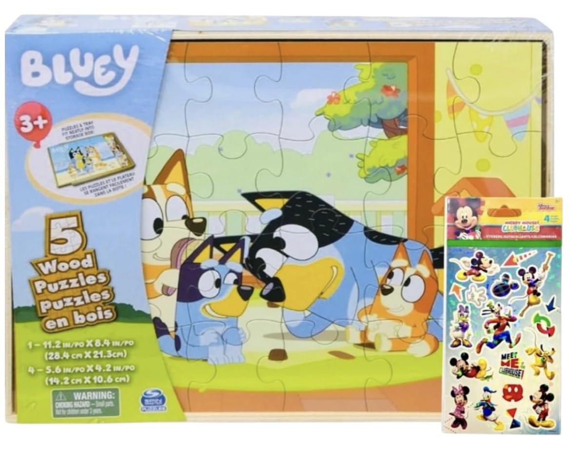 Bluey 5 Wood Puzzles with Storage Box  72 limited availability Mickey Mouse Clubhouse Stickers and Star Wars 300+ Stickers Bundle for Kids - Ages 3 and Up