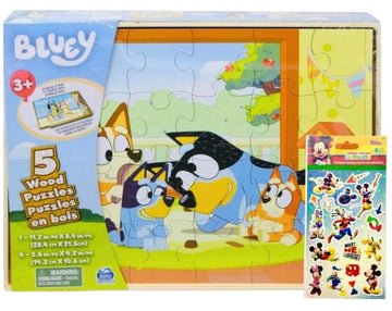 Bluey 5 Wood Puzzles with Storage Box  72 limited availability Mickey Mouse Clubhouse Stickers and Star Wars 300+ Stickers Bundle for Kids - Ages 3 and Up