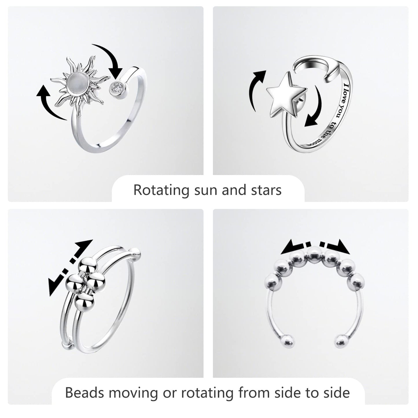 Atceme 4Pcs Fidget Rings For Women Adjustable Stress Relief Fidget Spinner Ring Stainless Steel Sun Moon Star Bead Rotatable Fid
