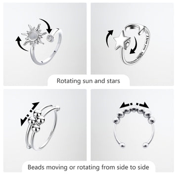 Atceme 4Pcs Fidget Rings For Women Adjustable Stress Relief Fidget Spinner Ring Stainless Steel Sun Moon Star Bead Rotatable Fid