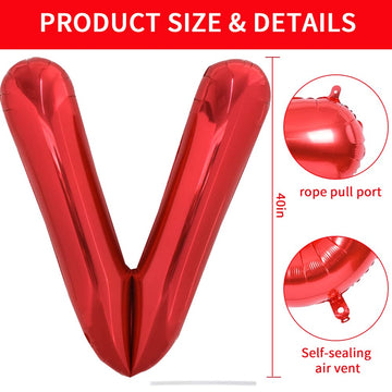Toniful 40 Inch Large Bright Red Letter Balloons A-Z, Giant Jumbo Helium Foil Mylar Big Letter V Balloons For Birthday Party Ann