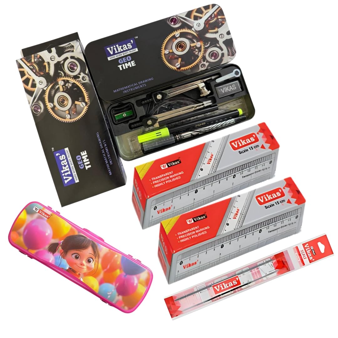 Vikas Geo Time 2026 Edition Geometry Box + Ultra Pink Pencil Box + 20 Pcs 15Cm Scale Combo | School Exam Combo Pack | Durable St