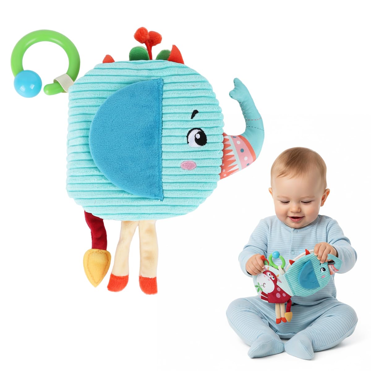 Snowie Soft Cartoon Elephant Cloth Book For Babies 0 To 3 Years, Interactive Quiet Book Crinkle Sensory Book With Fun Tails Desi