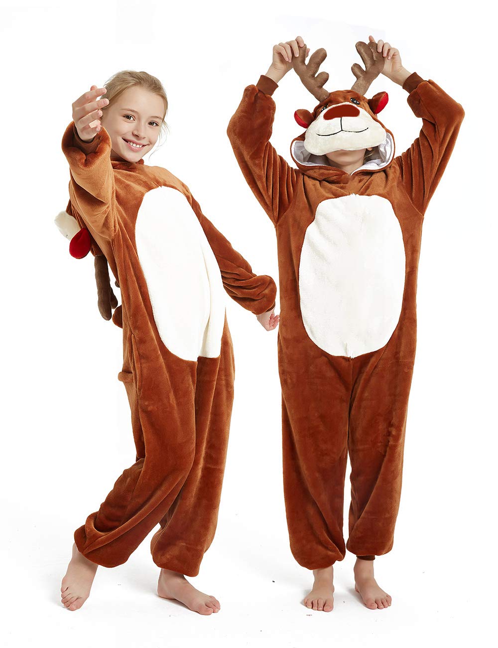 Casabaco Kid Reindeer Onesie Pajamas Deer Halloween Costume Boy Girl Animal Onepiece (Brown, 8-9Years)