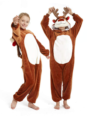 Casabaco Kid Reindeer Onesie Pajamas Deer Halloween Costume Boy Girl Animal Onepiece (Brown, 8-9Years)