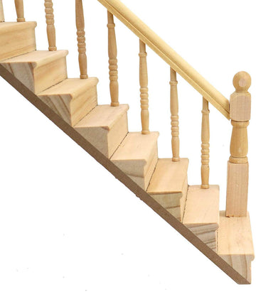 Miniature Stairs 1:12 Scale Dollhouse Furniture Wooden Handrail Diy Unpainted Staircase Dollhouse Accessories Pre-Assembled Steps Model (Right-Handrail)