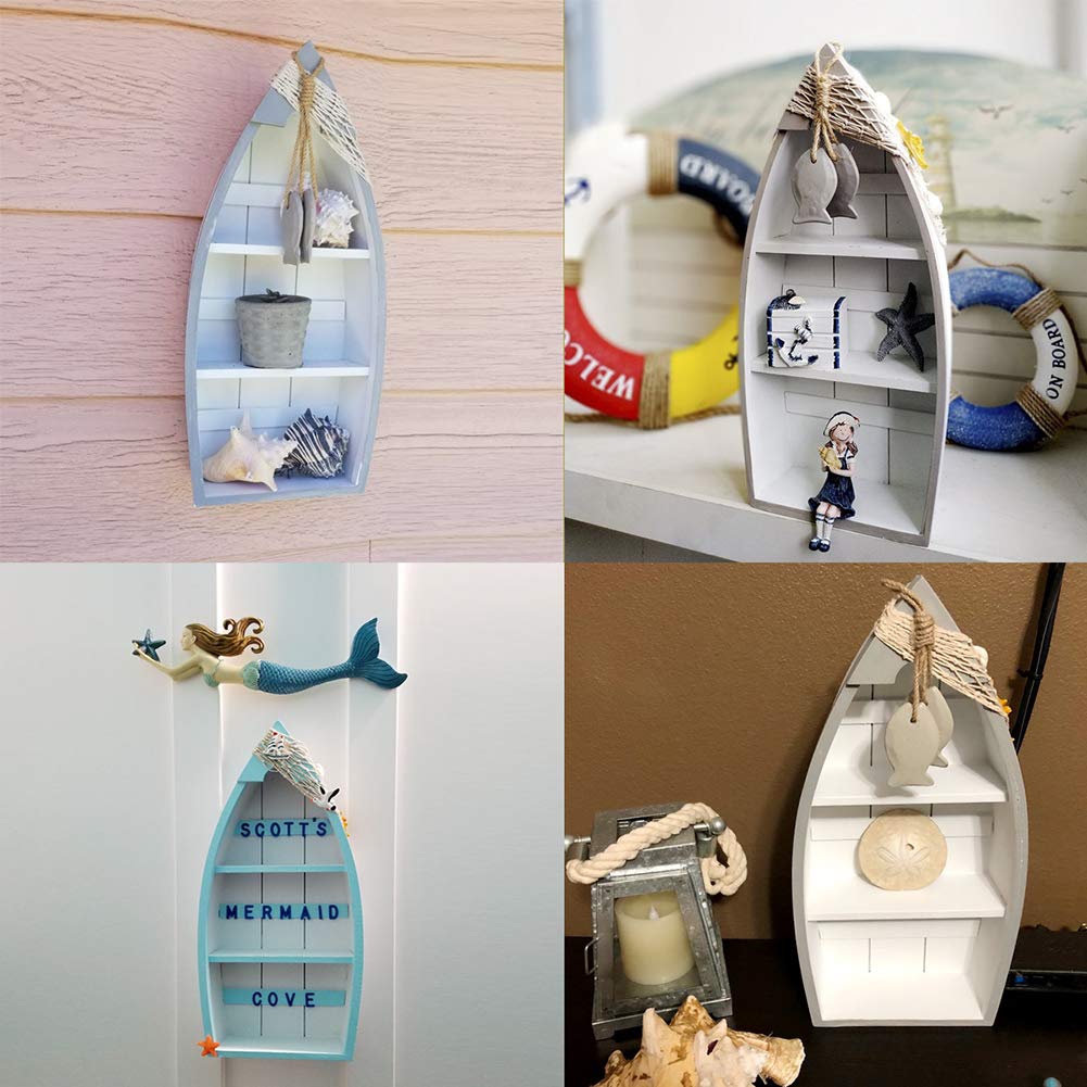 Attraction Design Wooden Sailboat Model Set Of 4, 4.3'H Sail Boat Decor Display With Fish Net Starfish Seashell Accents White Beach Nautical Theme Decor