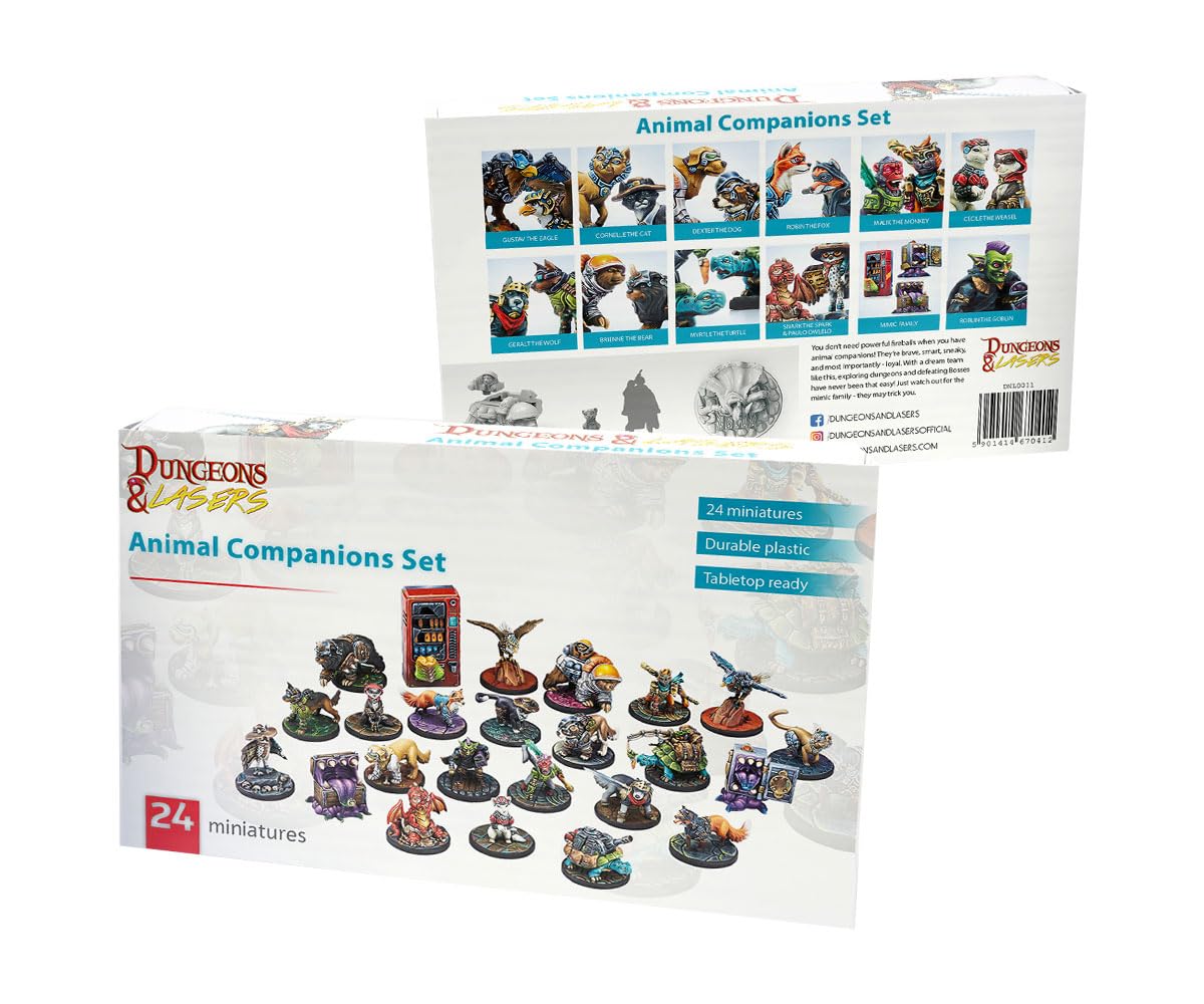 Dungeons & Lasers Animal Companions Dnd Miniatures Set - 24 Figurines With Scenic Bases - 5E Compatible For Tabletop Rpg Games - 28Mm Unpainted And Unassembled - For Ages 14 Years +