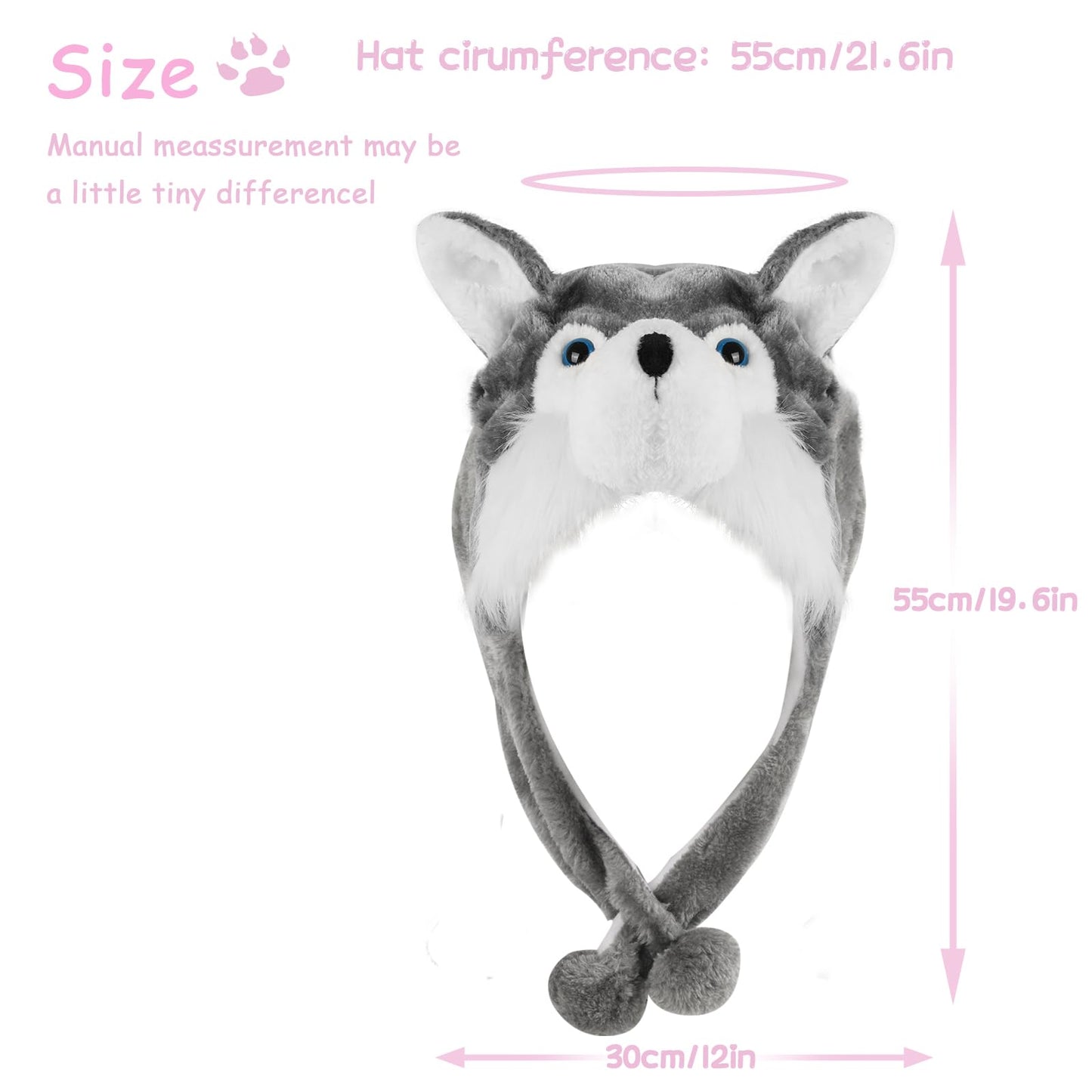 Funny Plush Animal Hat with Ear Flaps, Soft Fleece Hats Cute Bunny Cap for Kids Women Girls Cosplay Party (Husky) Multi-Colored