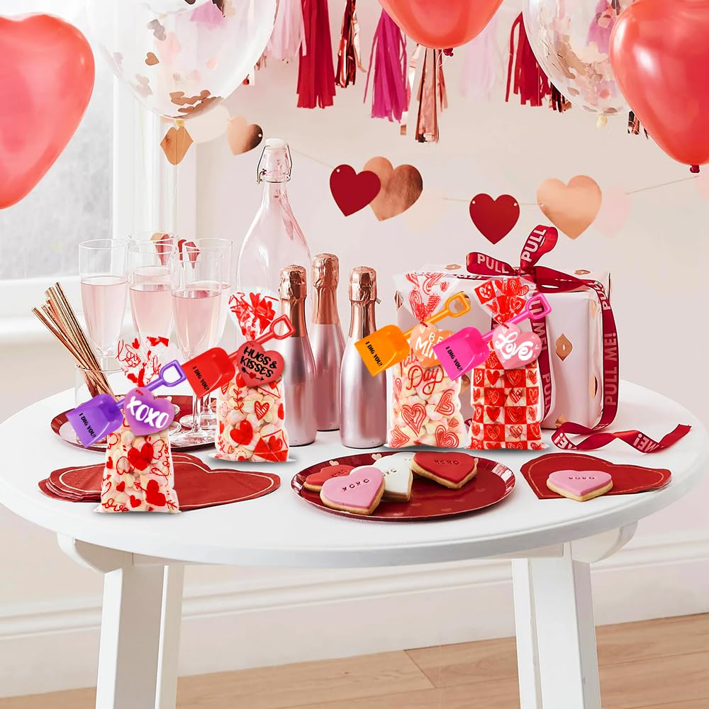 YUJUN 150 Pieces Valentine's Day Plastic Shovels for Kids I DIG You Sand Shovels Valentines Cards Cellophane Treat Candy Bags fo