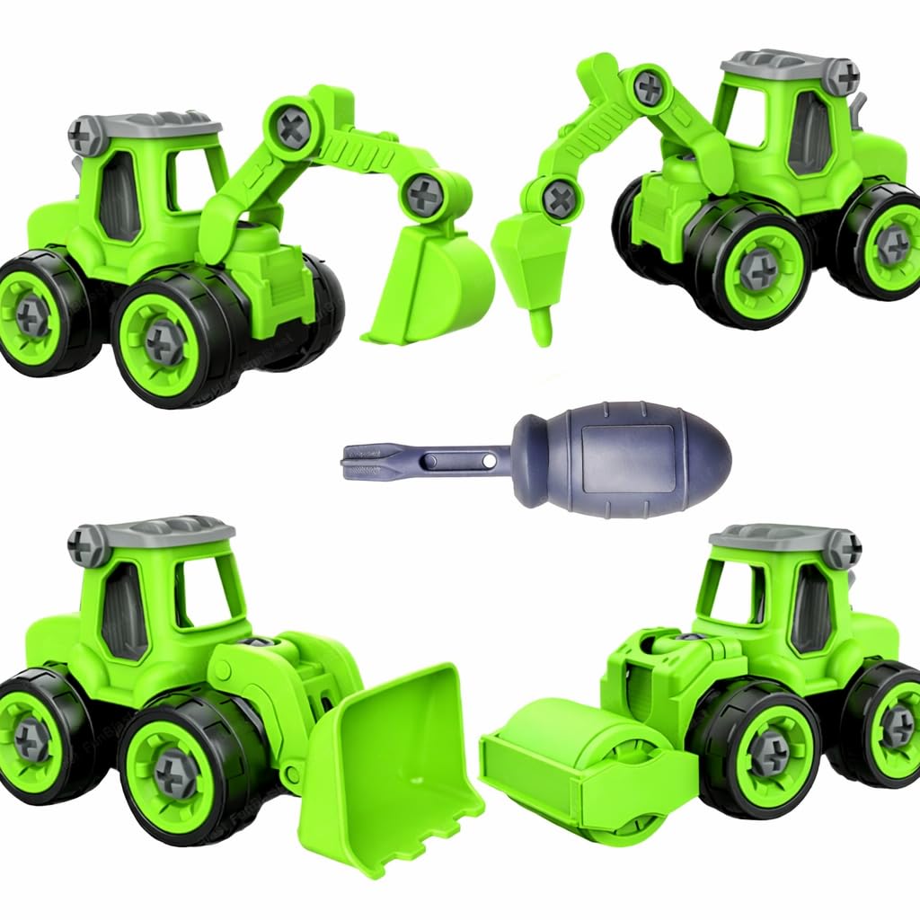 Toyzenzy Construction Vehicles Set, Pack Of 4, Assembling & Building Construction Trucks With 1 Screwdriver, Kids Building Vehic