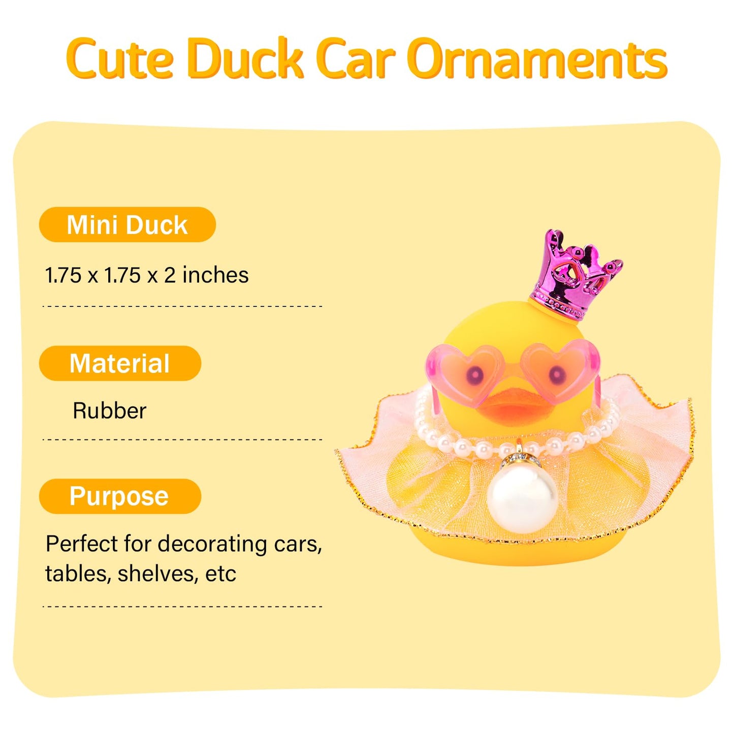 Wonuu Rubber Duck Car Ornament, Mini Pink Tulle Skirt & Crown, Pearl Necklace, Glasses, Casual Decoration