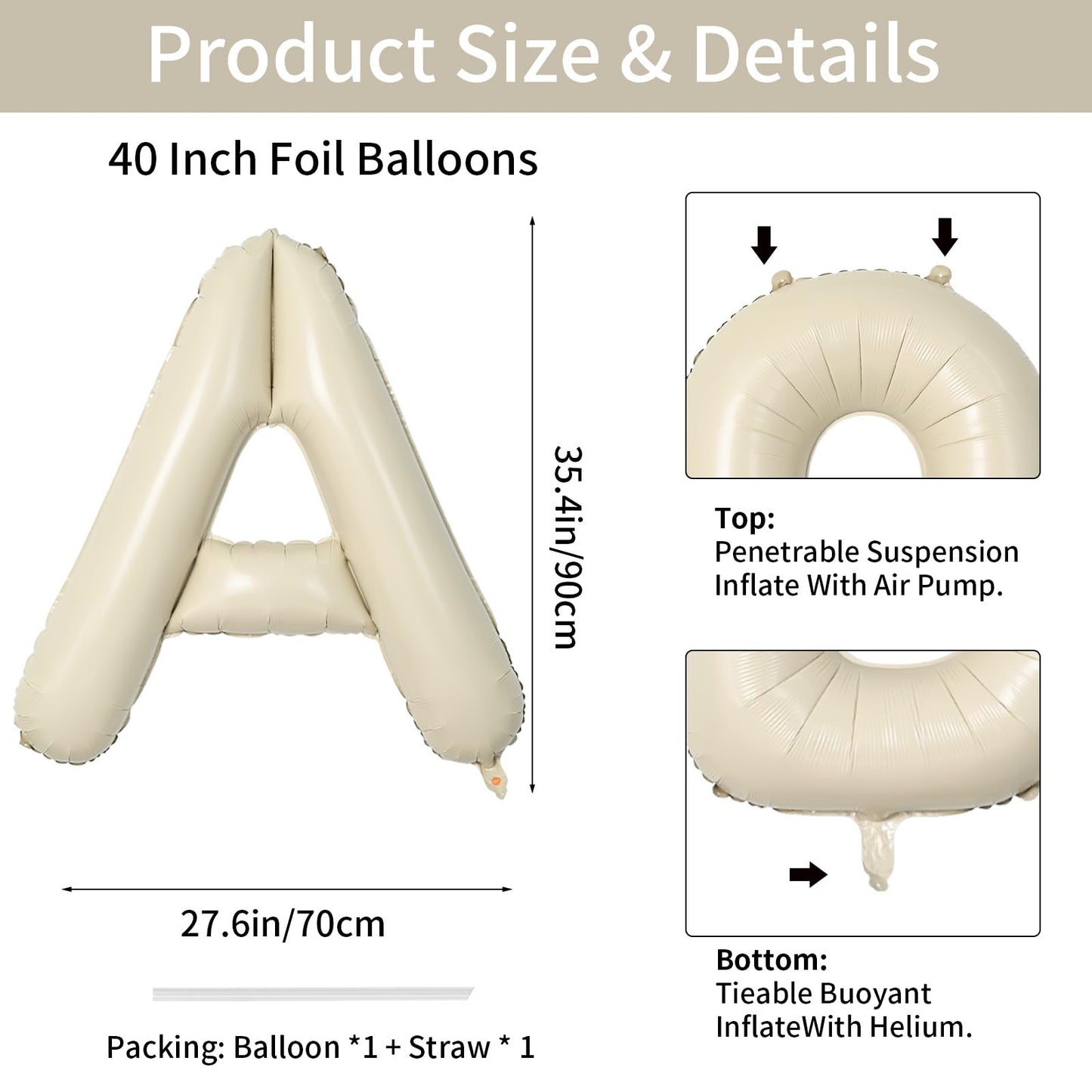 Biapian 40 Inch Letter A Balloons, Giant Cream A Foil Balloon, Big Single Alphabet A-Z Balloons, Beige Large Aluminum A Balloons