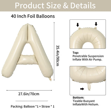 Biapian 40 Inch Letter A Balloons, Giant Cream A Foil Balloon, Big Single Alphabet A-Z Balloons, Beige Large Aluminum A Balloons