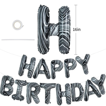 Toniful Black Marble Happy Birthday Balloons Banner,16 Inch Mylar Foil Letters Birthday Sign Bunting For Girls Boys Kids & Adult