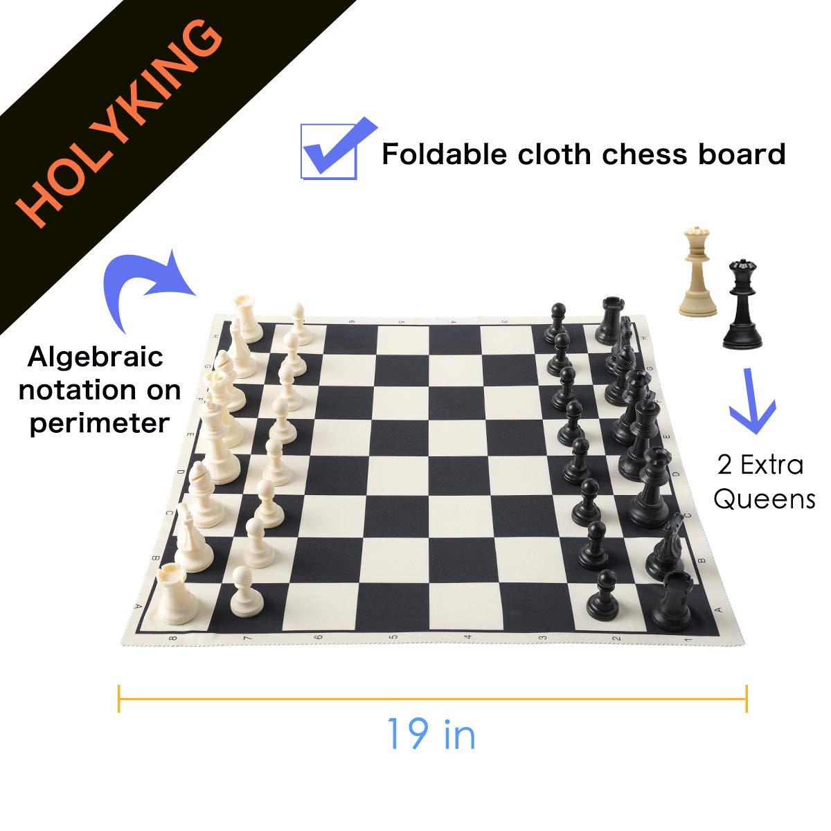 Holyking 19' Tournament Cloth Chess Board Set - Portable Travel Pocket Chess Game Set Roll Up Combination- Beginner Chess Set For Kids And Adults