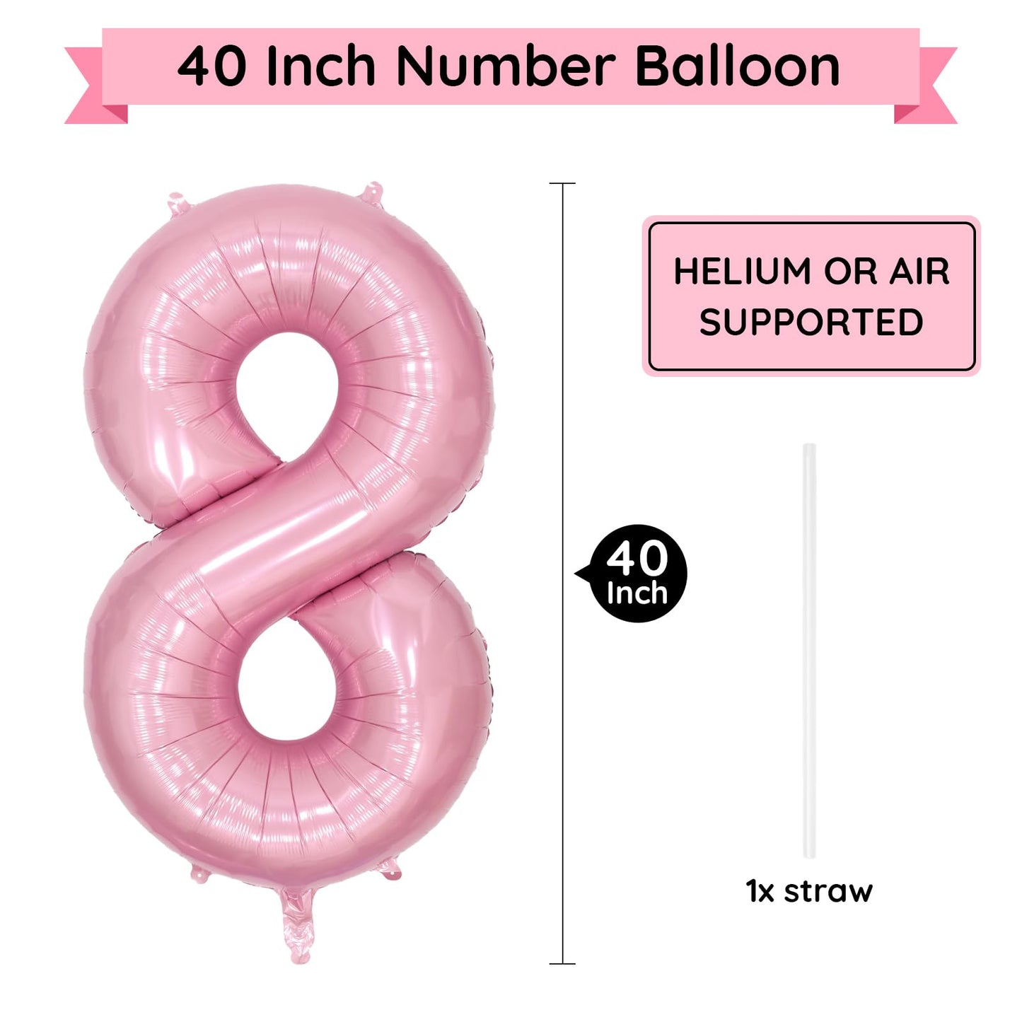 Paticool 40 Inch Pink Number Balloon 8, Large Number Foil Balloons Mylar For Girl Boy Birthday Party Celebration Decorations Sup