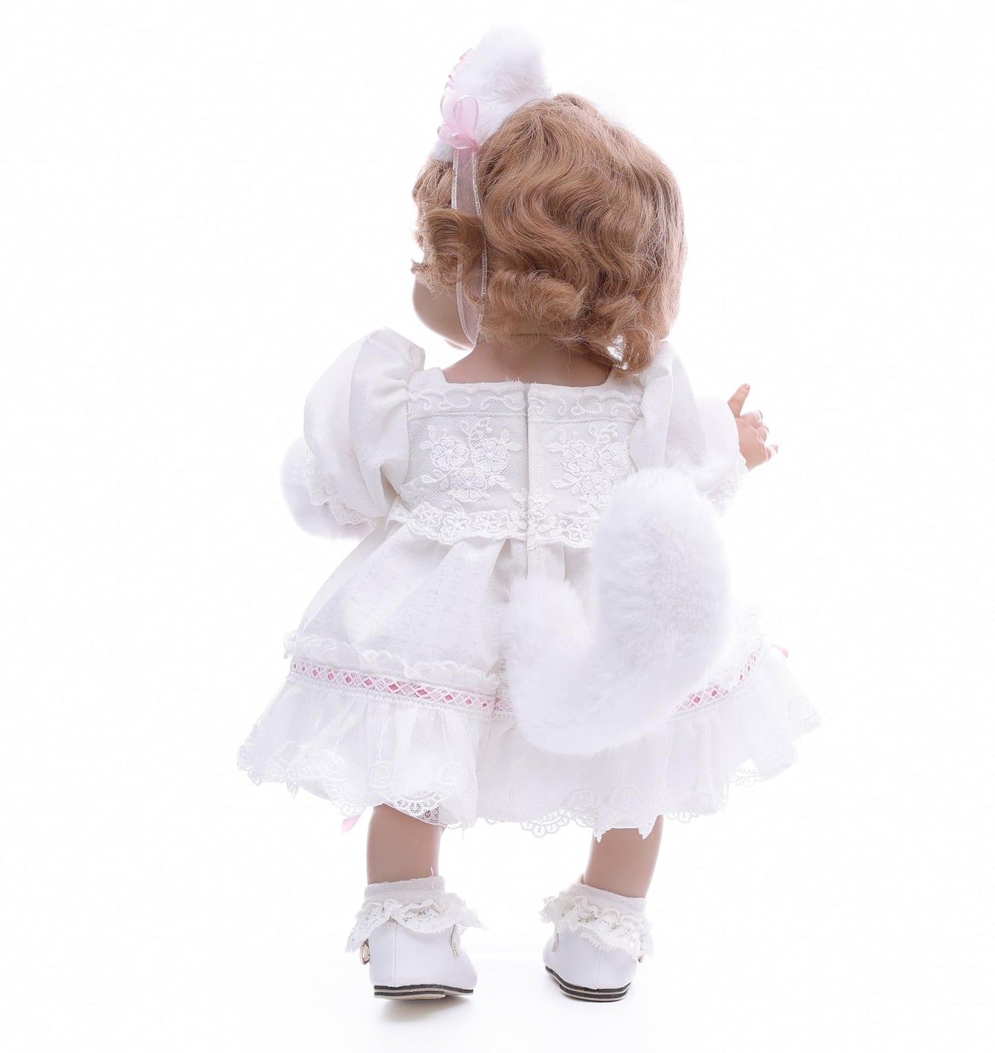 Cloveray Baby Doll  18 Inch Realistic Reborn Toddler Real Life Baby Dolls with White Lace Dress  Magnetic Cat Nose  Fluffy Paw Mitten & Tail  enhanced Collectible Gift for 3+ Year Old Girls