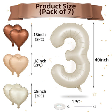 Biapian 40 Inch Cream White Number 3 Balloons, Beige White Large Number 3 Balloons With 18'' Cream Foil Heart Balloons Helium Fo