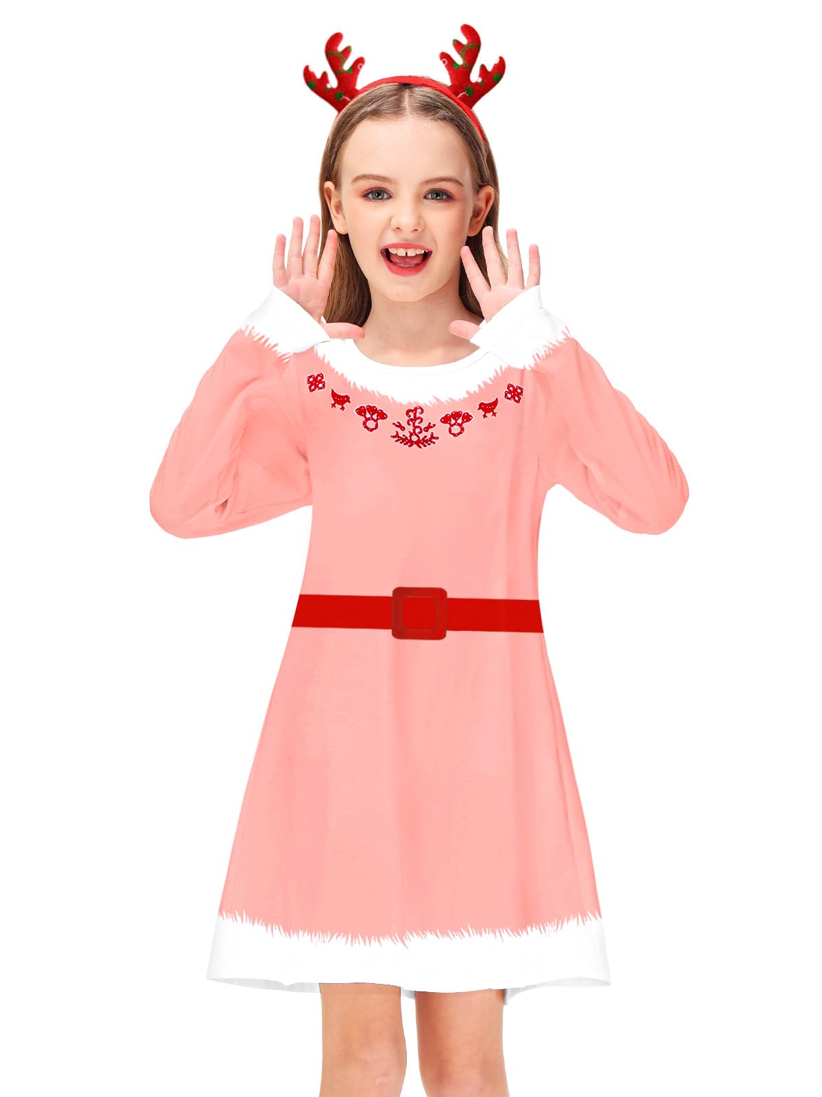Christmas Pink Dress For Girl Long Sleeve Funny Printed Xmas Tshirt Dress Jovi Elf Swing Dresses 5-6 Years