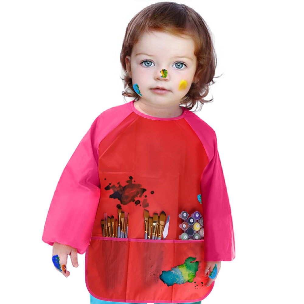 Kuuqa Childrens Kids Toddler Red Waterproof Play Apron Smock With 3 Roomy Pockets - Painting, Baking, Cooking, Smock - Age 3-5 Years (Paints And Brushes Not Included)
