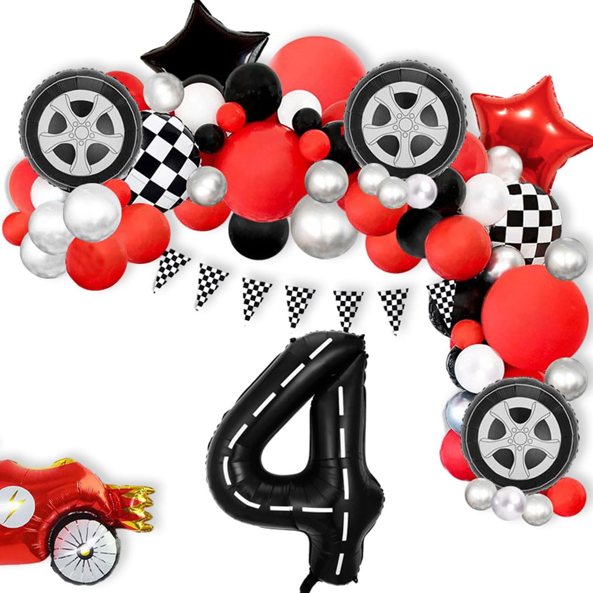 Race Car Birthday Balloons Decorations, 40 Inch Racetrack Black Number 4 Balloons, Large Mylar Black 4 Balloon For 4St Birthday