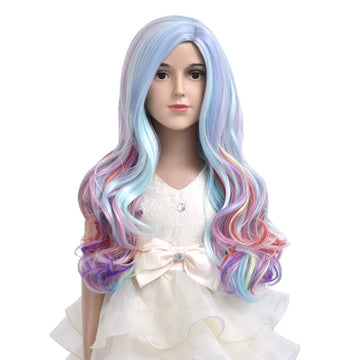 Duduwig 22 Inches Long Rainbow Wig For Kids Girls Long Multi-Color Wavy Curly, Lovely Color Synthetic Cosplay Hair Wig For Child