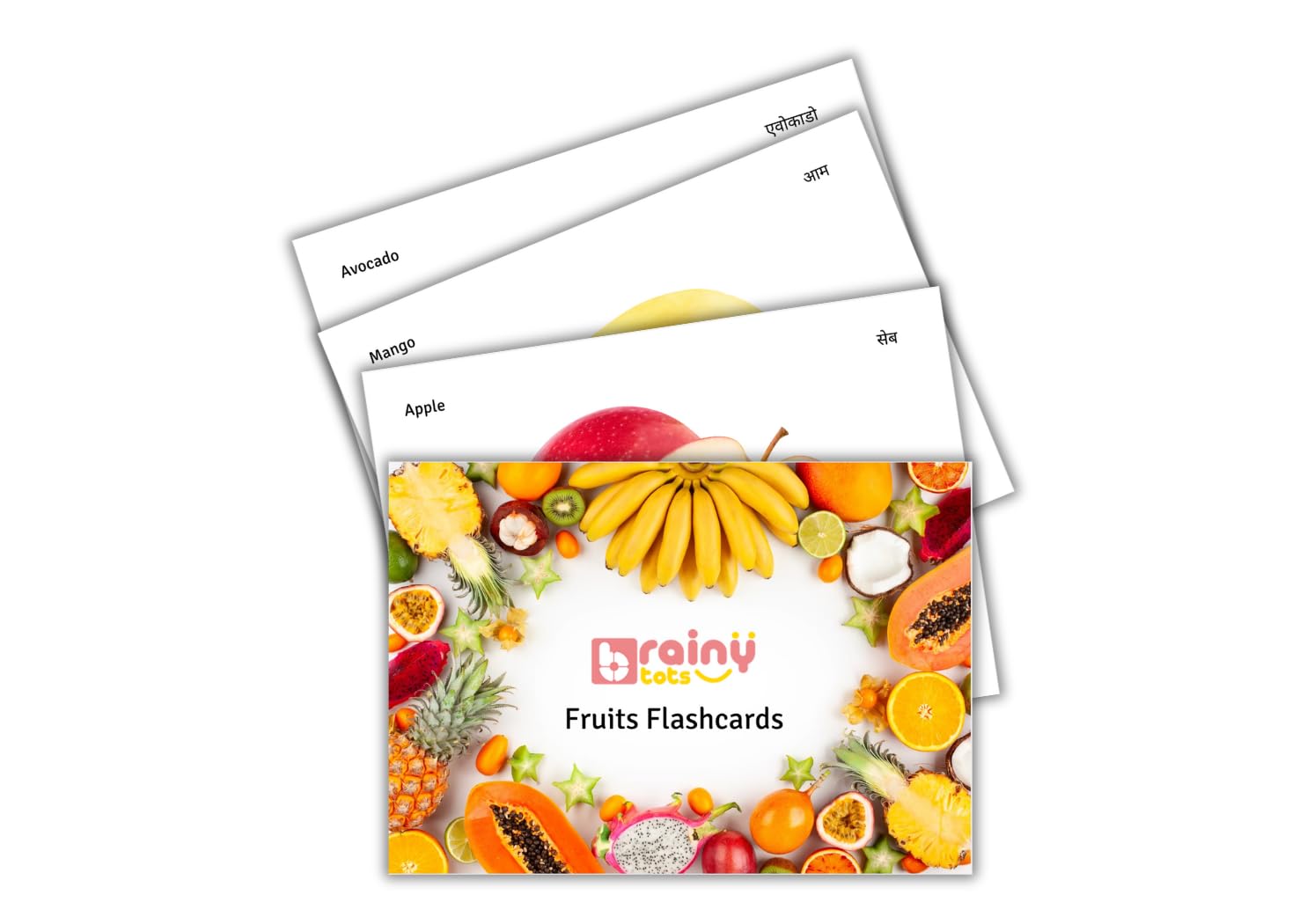 Brainytots Fruits Flashcards Set Of 10 | Flashcards For Babies | Newborn Flashcards | Big Size | Dual Language English And Hindi