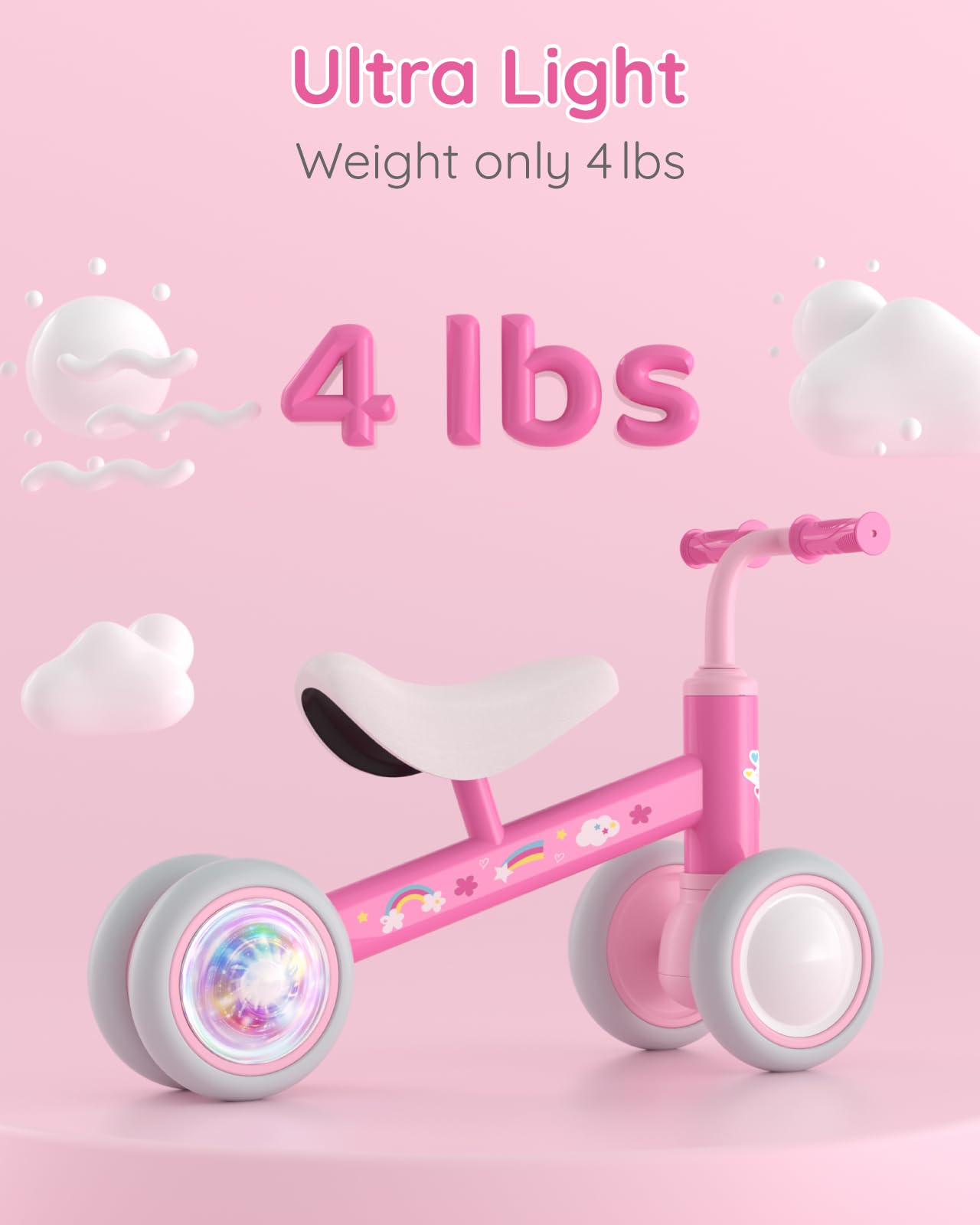 Lilian&Gema Colorful Lighting Baby Balance Bike For 1 Year Old Boys Girls, 12-24 Months Toddler Balance Bike, No Pedal 4 Wheels