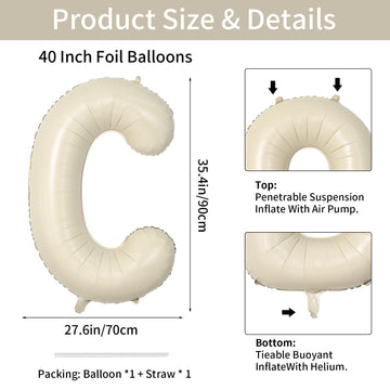 Biapian 40 Inch Letter C Balloons, Giant Cream C Foil Balloon, Big Single Alphabet A-Z Balloons, Beige Large Aluminum C Balloons