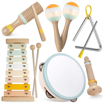 Baby Musical Instruments-Montessori Wooden Toys For Toddlers 1-3,Neutral Colors Percussion Instruments Set With Modern Boho Xylo