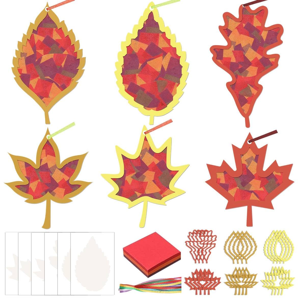 Zliisang 24PCS Make You Own Fall Crafts Kit Bulk Maple Leaf Paper Suncatchers DIY Kit for Autumn Thanksgiving Classroom Activiti